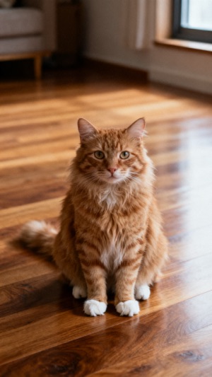 The photo it started from: a fluffy ginger cat sitting on a wooden floor