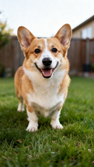 The photo it started from: a smiling corgi standing on a backyard lawn