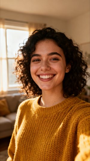The photo it started from: a smiling woman with curly hair in a mustard sweater