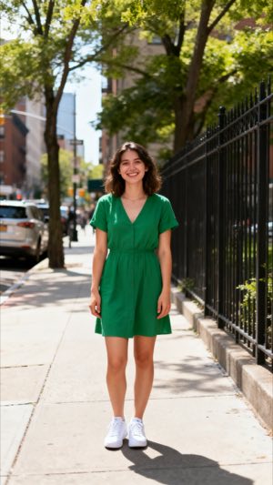 The photo it started from: a smiling woman in a green dress on a city sidewalk
